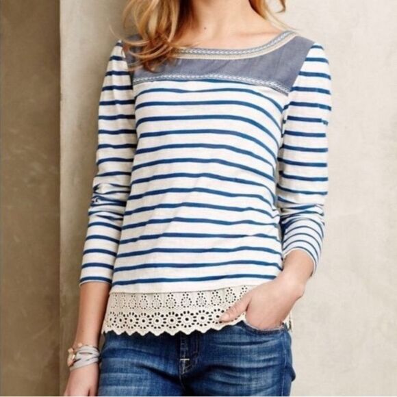 NWT Little Yellow Button x Anthropologie Striped Lace Chambray Top Size Small - Picture 1 of 16